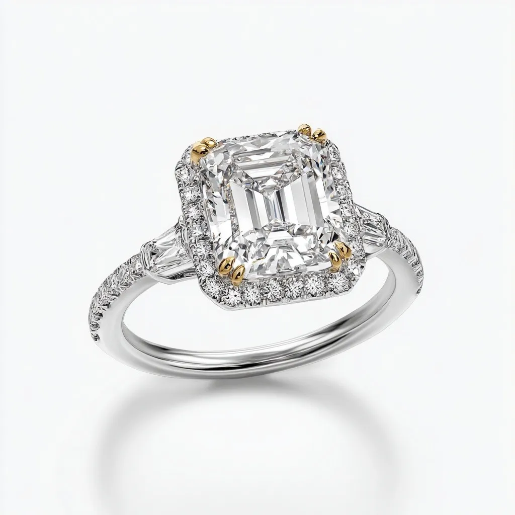 Custom emerald cut diamond ring with pavé halo and baguette side stones in white and yellow gold
